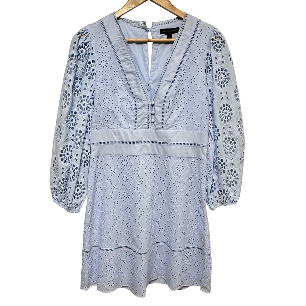 Banana Republic Eyelet Lace Puff Sleeve Mini Dress Womens 6 Preppy Cottage Party - Picture 4 of 13